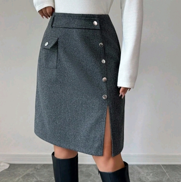 Women's Solid Color Wool Knee-Length Side Slit Hem Button Design A-Line Skirt - Picture 1 of 4